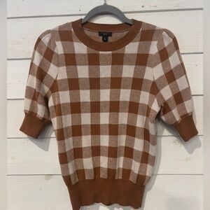 Ann Taylor Factory Petite Brown and White Checkered Knit Sweater